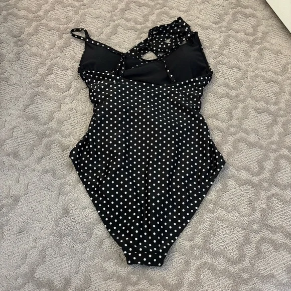 Aerie Black & White Polka Dot Wrap One Piece Swimsuit V Neck Conservative S Cute - Picture 7 of 7
